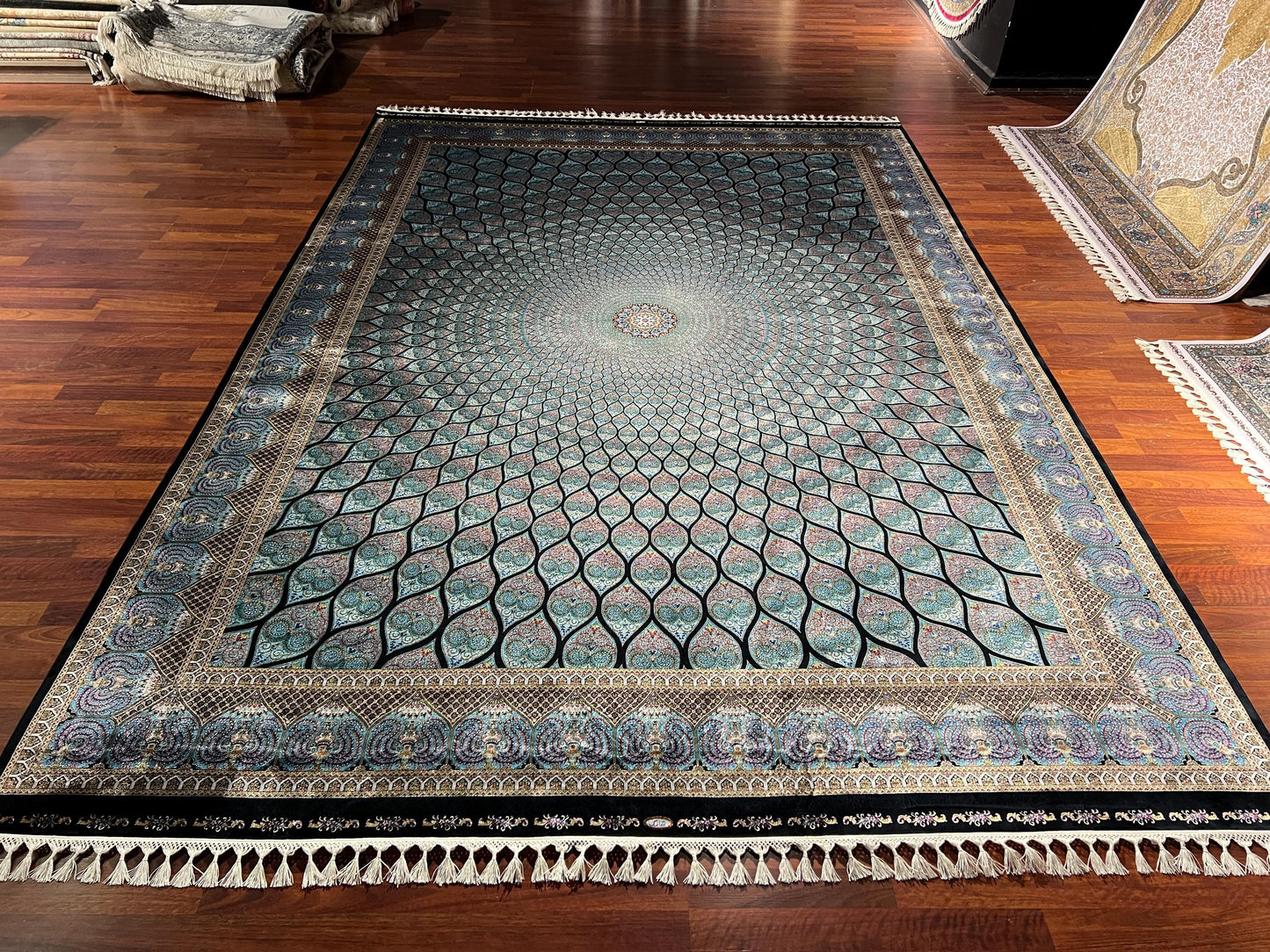 Turkish Silk Rug 7x10, Blue Oriental Silk Rug, Luxury Living Room Rug, Large Silk Carpet, Unique Rug