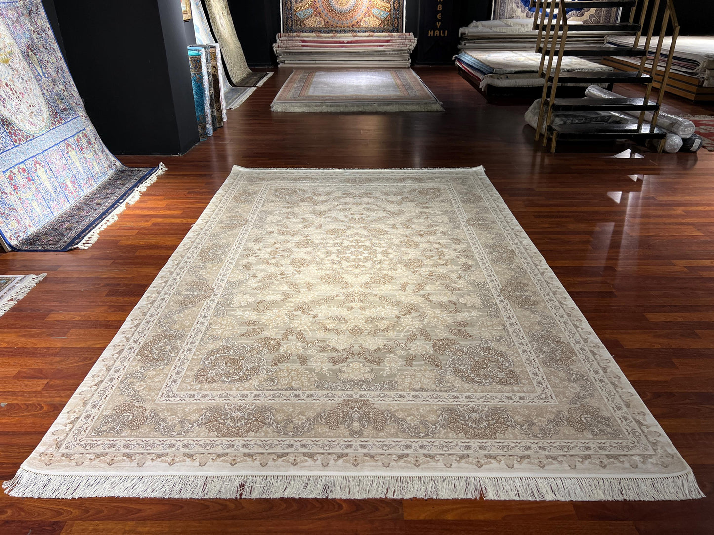 Cream Silk Rug 7x10, Beige Bamboo Silk Rug, Luxury Living Room Rug, Turkish Area Rug, Large Rug
