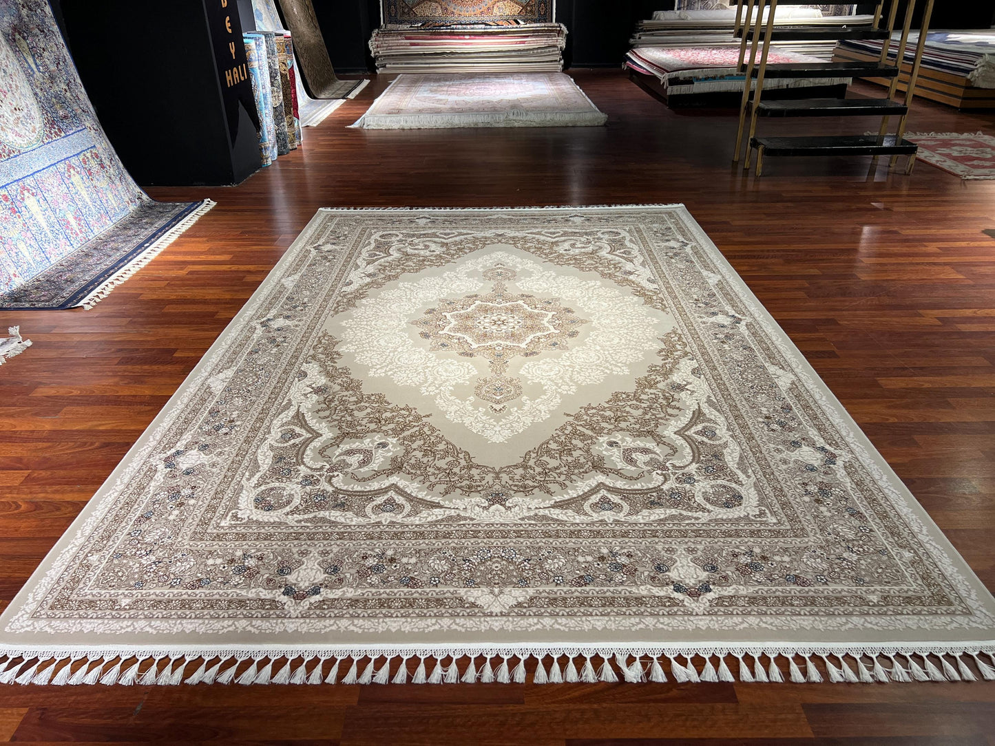 7x10 Beige Cream Rug, Floral Medallion Rug, Turkish Area Rug, Luxury Living Room Rug, Large Rug