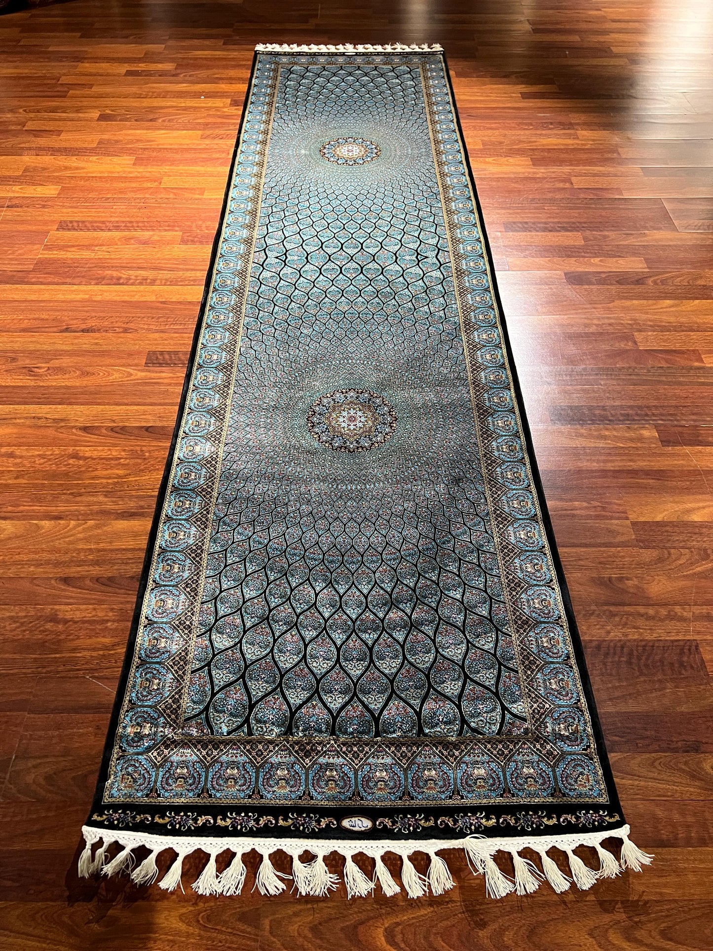 3x10 Blue Silk Runner Rug, Medallion Turkish Silk Carpet, Luxury Hallway Rug