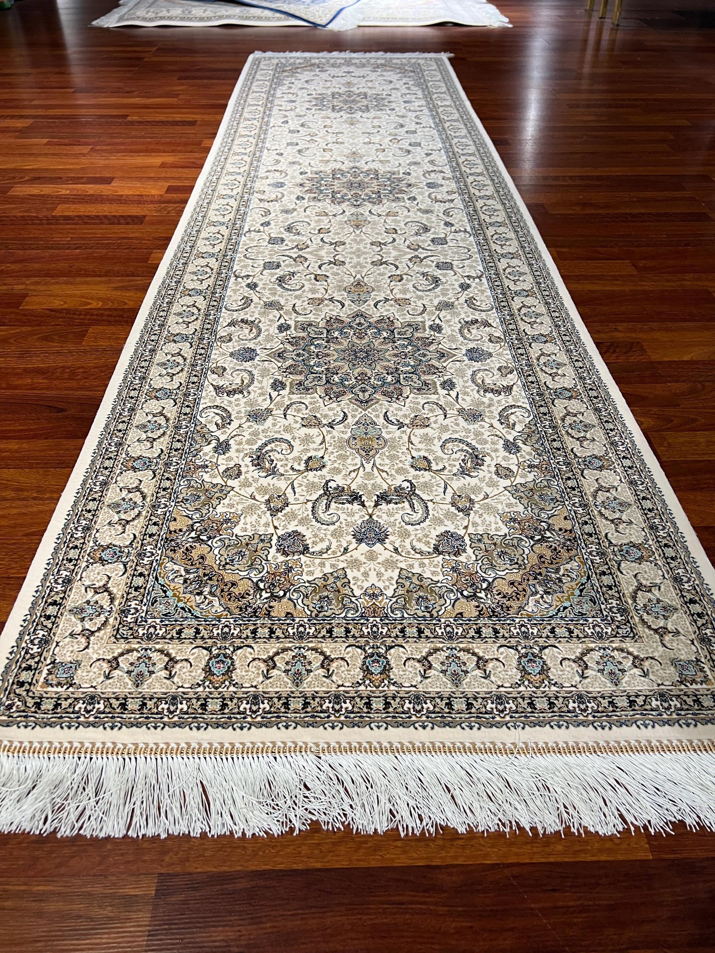 3x10 Beige Silk Runner Rug, Medallion Turkish Area Rug, Luxury Hallway Carpet
