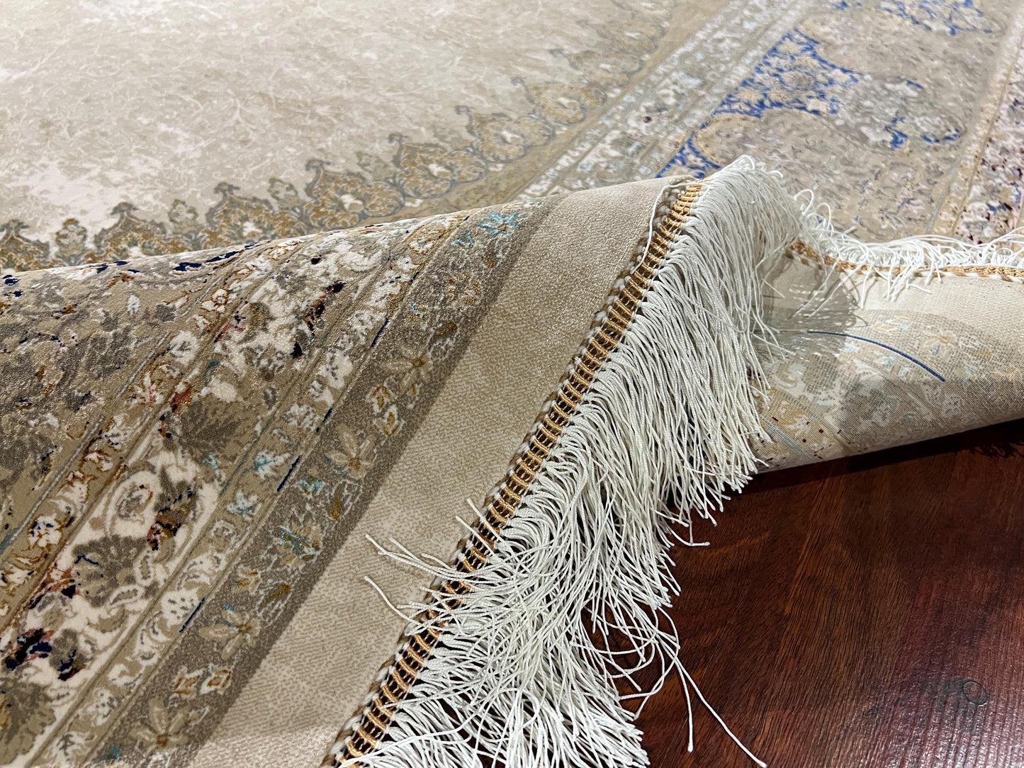 7x10 Beige Medallion Silk Rug, Cream Area Rug, Turkish Silk Carpet, Luxury Living Room Rug