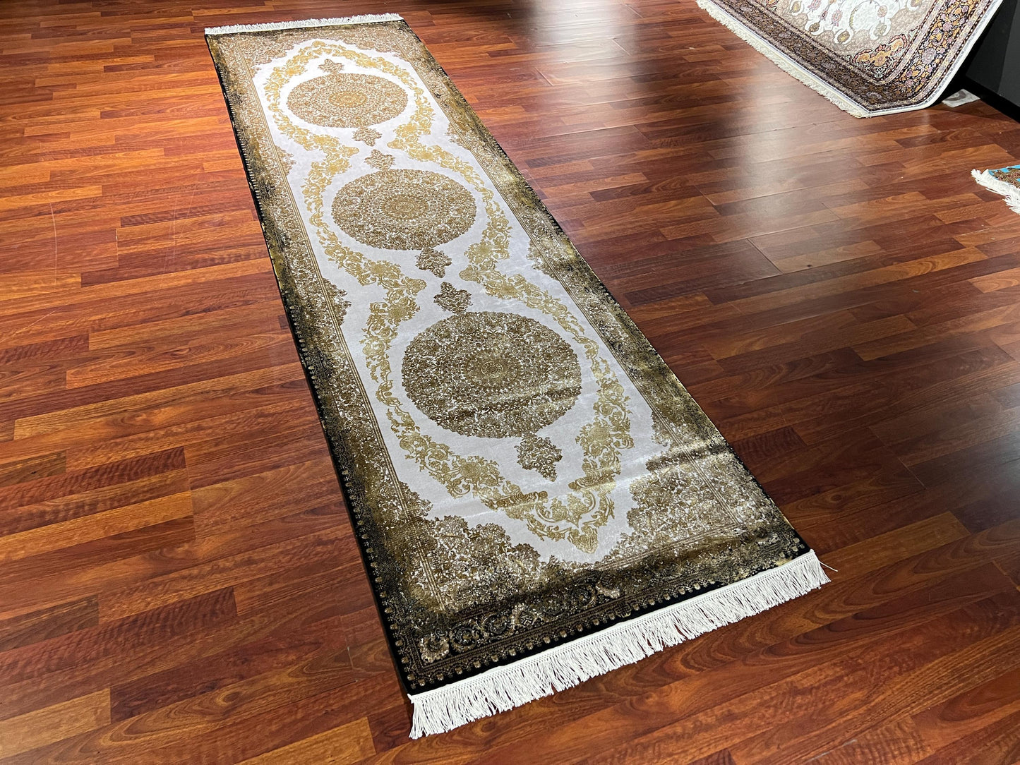 3x10 Gold Beige Runner Rug, Palace Silk Rug, Turkish Runner Rug, Luxury Hallway Rug