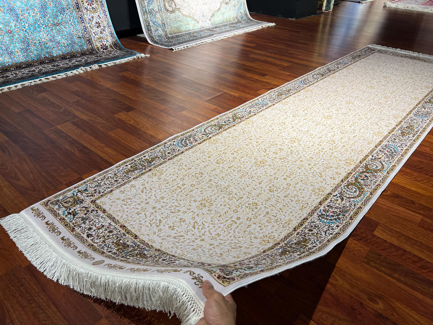 3x10 Gold Brown Silk Runner Rug, Turkish Area Rug, Neutral Hallway Carpet