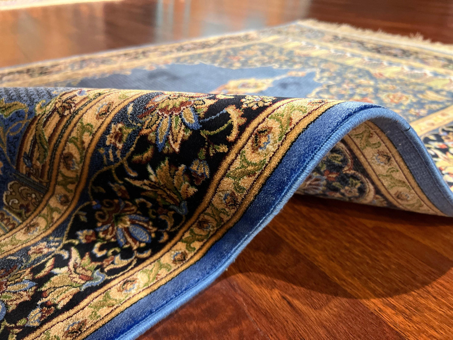 Blue Beige Silk Prayer Rug, Mihrab Floral Janamaz, Luxury Islamic Gift Mat