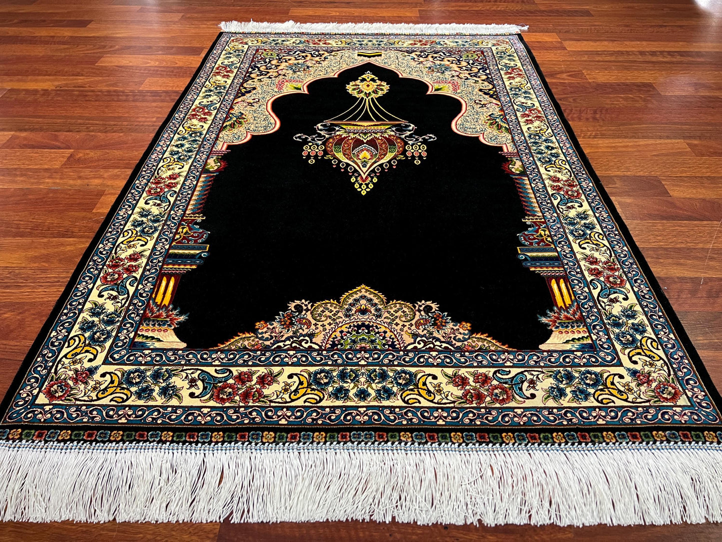 Black Gold Silk Prayer Rug, Mihrab Arch Janamaz, Luxury Islamic Gift Mat