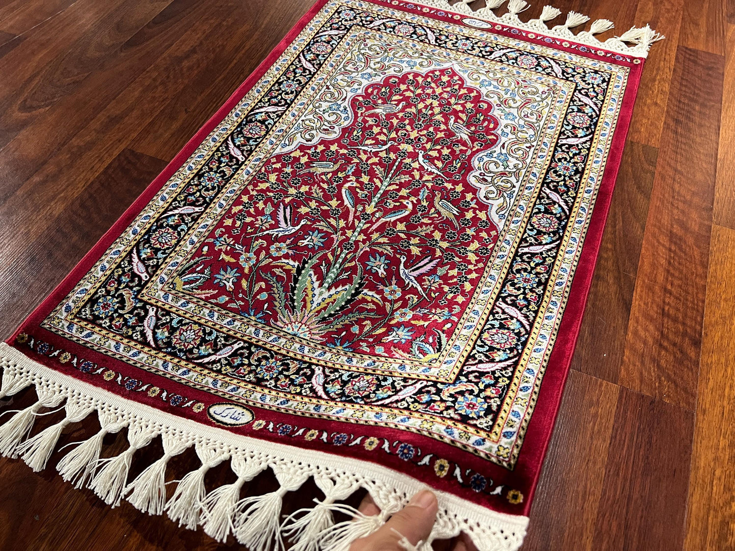 Red Floral Silk Prayer Rug, Tree Pattern Janamaz, Luxury Islamic Gift Mat