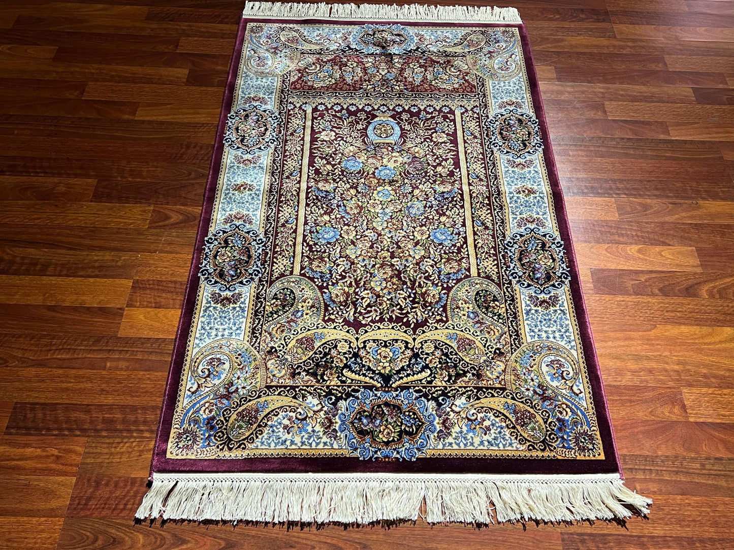 Burgundy Floral Silk Prayer Rug, Classic Medallion Janamaz, Luxury Islamic Gift