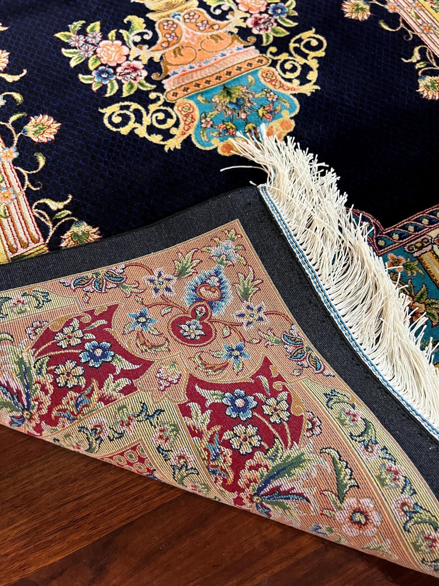 Navy Blue Gold Silk Prayer Rug, Luxury Janamaz, Floral Mihrab Islamic Gift Mat