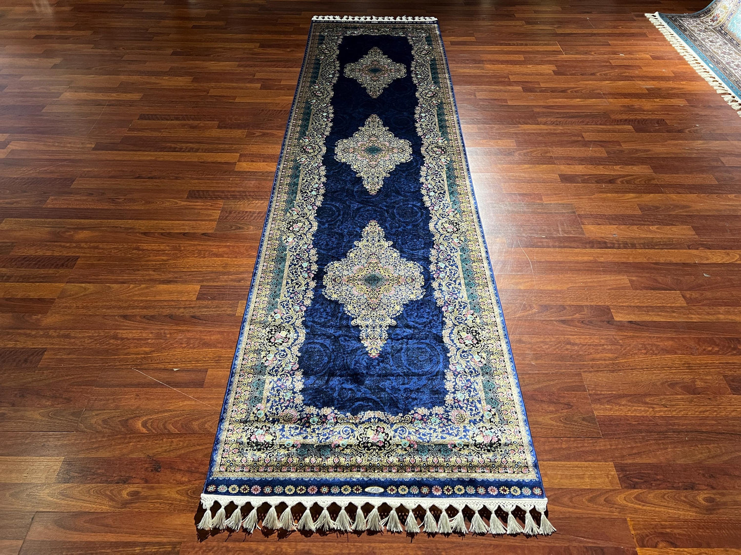 2.6x13ft Navy Blue Runner Rug, Floral Medallion Hallway Rug, Modal Silk Entryway Rug, Luxury Deco