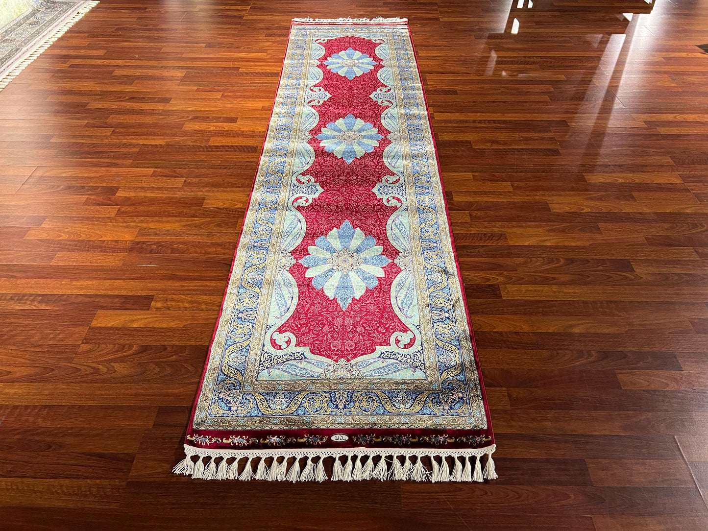 3x10 Red Silk Runner Rug, Turkish Area Rug, Floral Medallion Rug, Luxury Hallway Carpet