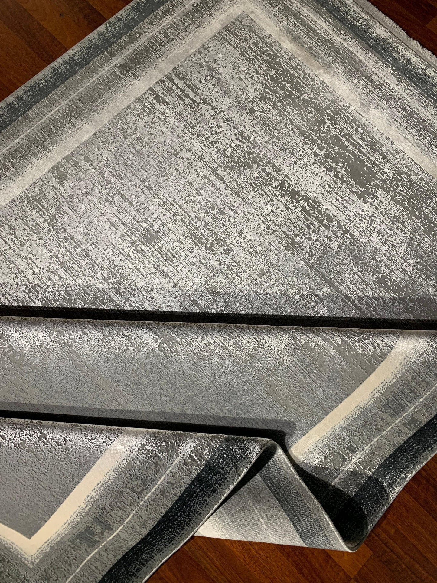 5x8 Modern Rug, Gray Abstract Border, Turkish Viscose Carpet, Living Room Area Rug