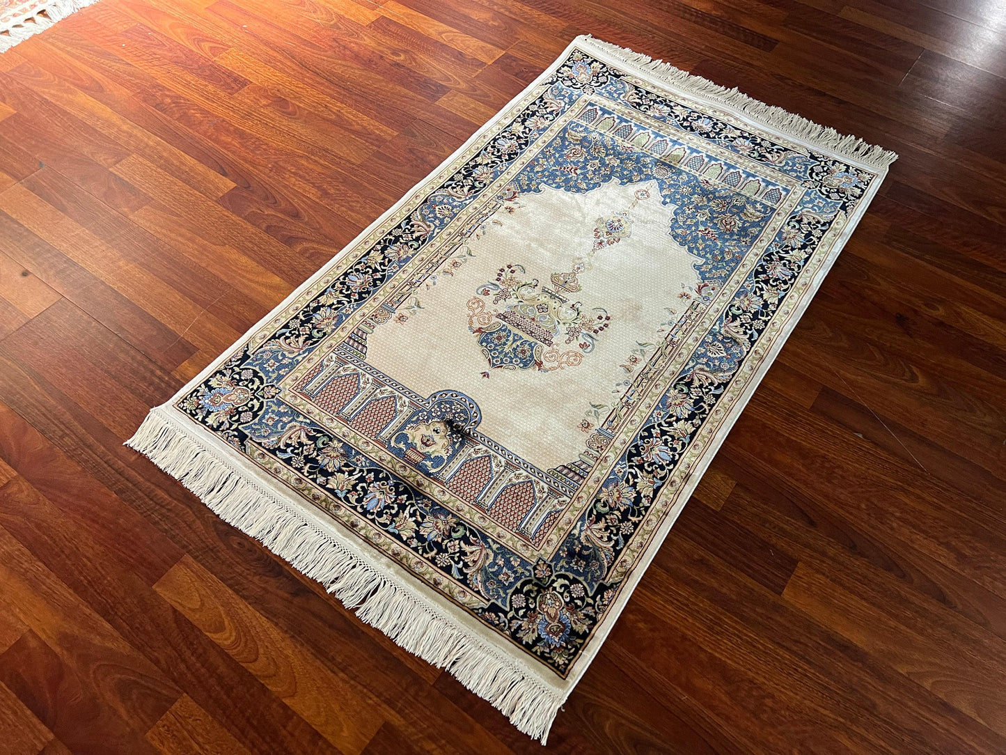 Cream Blue Silk Prayer Rug, Floral Mihrab Janamaz, Turkish Luxury Prayer Mat