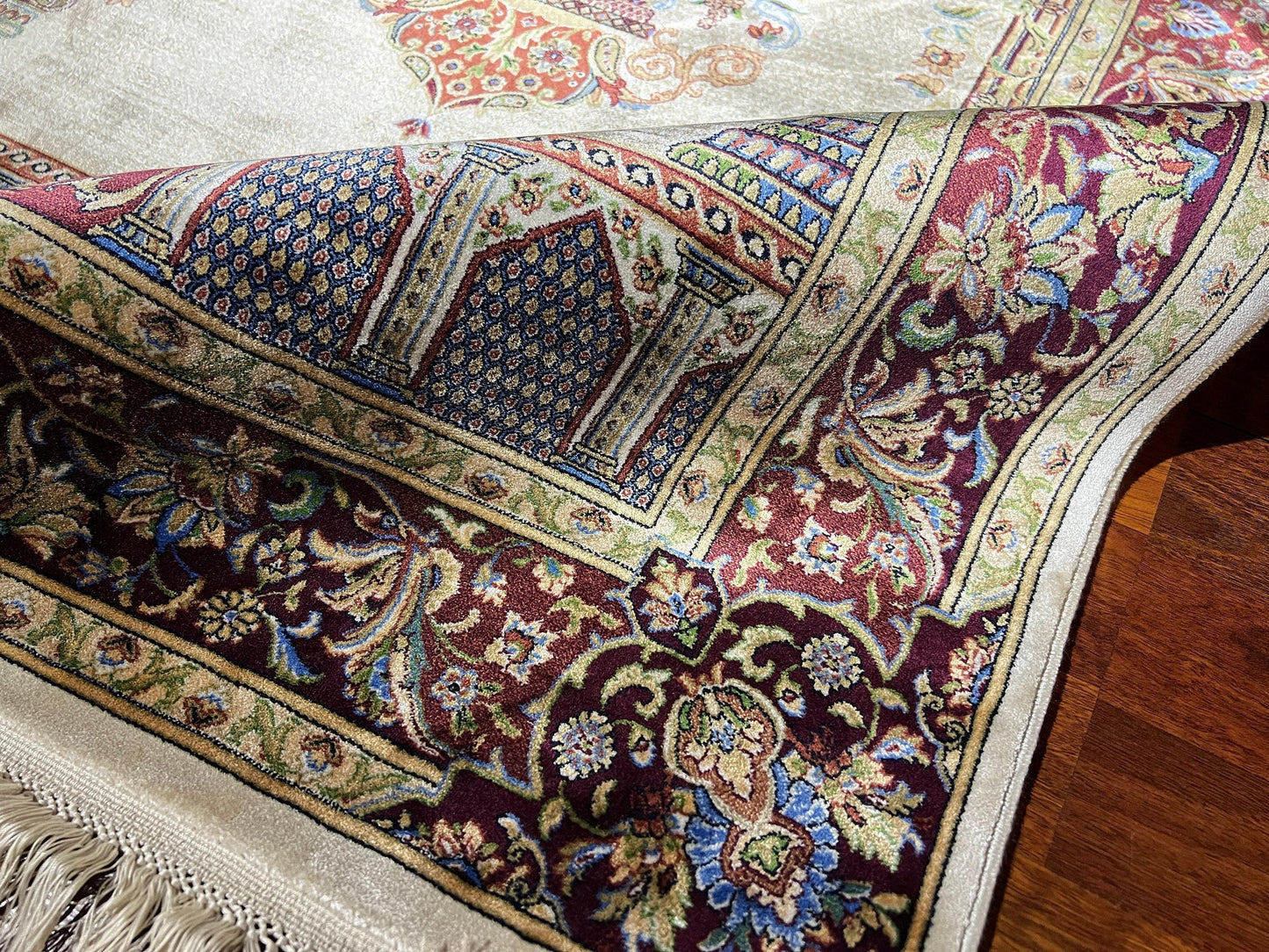 Red Beige Silk Prayer Rug, Floral Mihrab Janamaz, Luxury Islamic Gift Mat