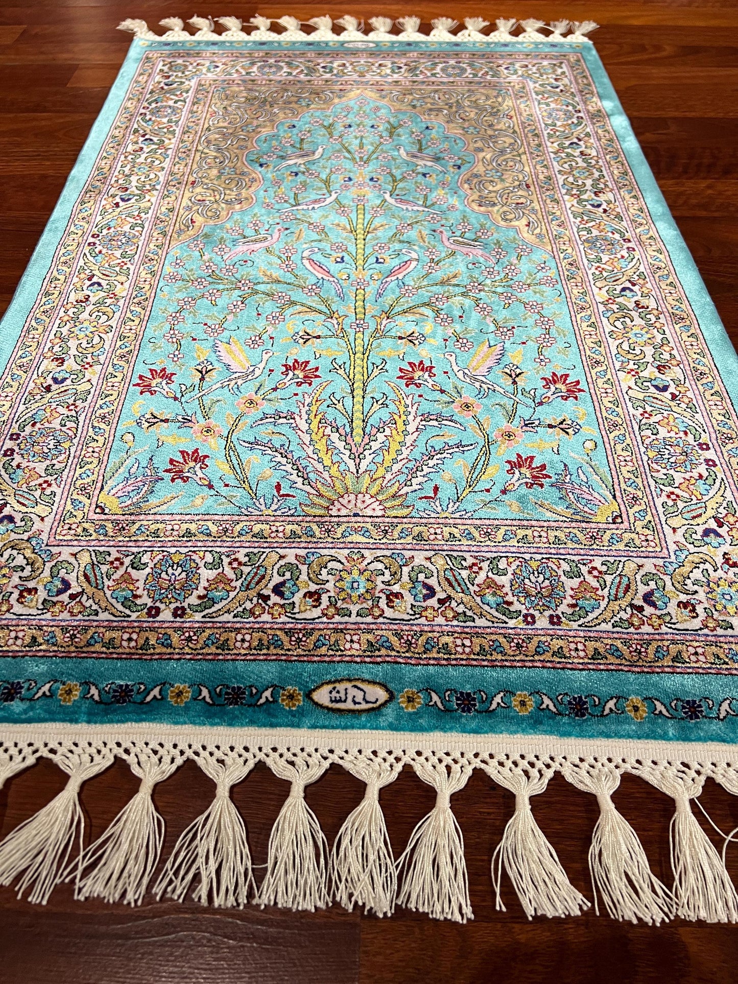Turquoise Silk Prayer Rug, Bird Tree Motif Janamaz, Luxury Islamic Gift Mat