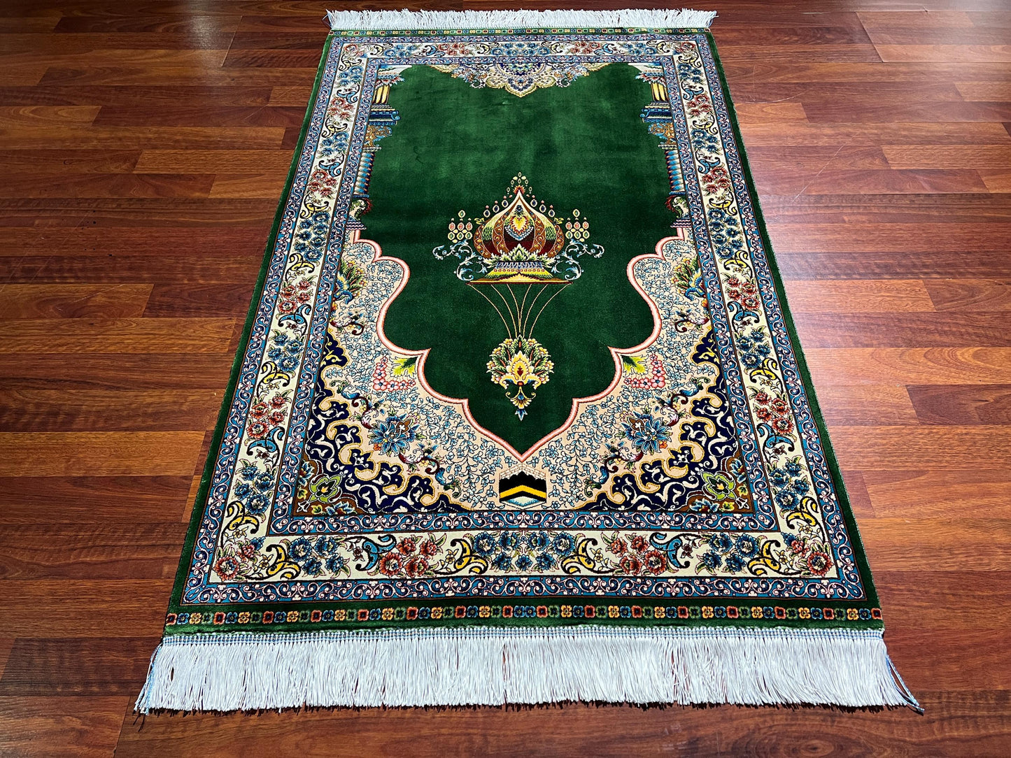 Emerald Green Silk Prayer Rug, Gold Mihrab Janamaz, Luxury Islamic Gift Mat