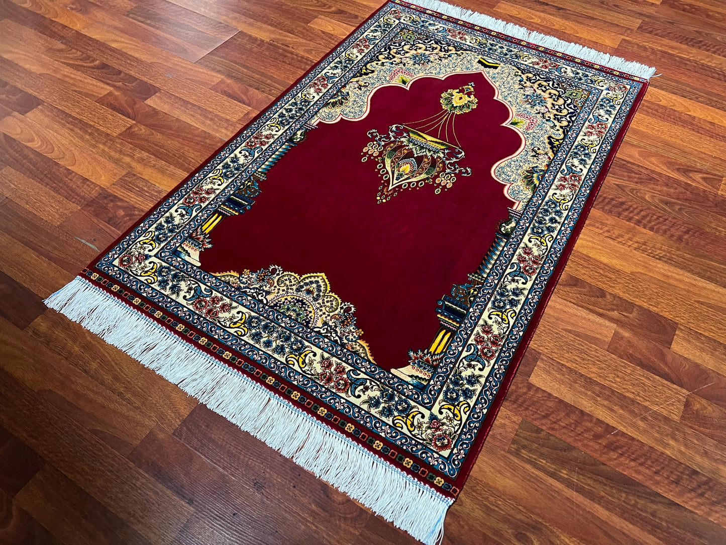 Red Gold Silk Prayer Rug, Ottoman Mihrab Janamaz, Luxury Islamic Gift Mat