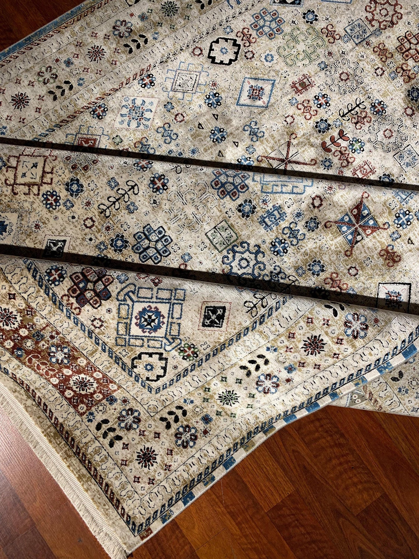 5x8 Turkish Rug, Ivory Tribal Symbols, Colorful Boho Pattern, Modern Area Rug