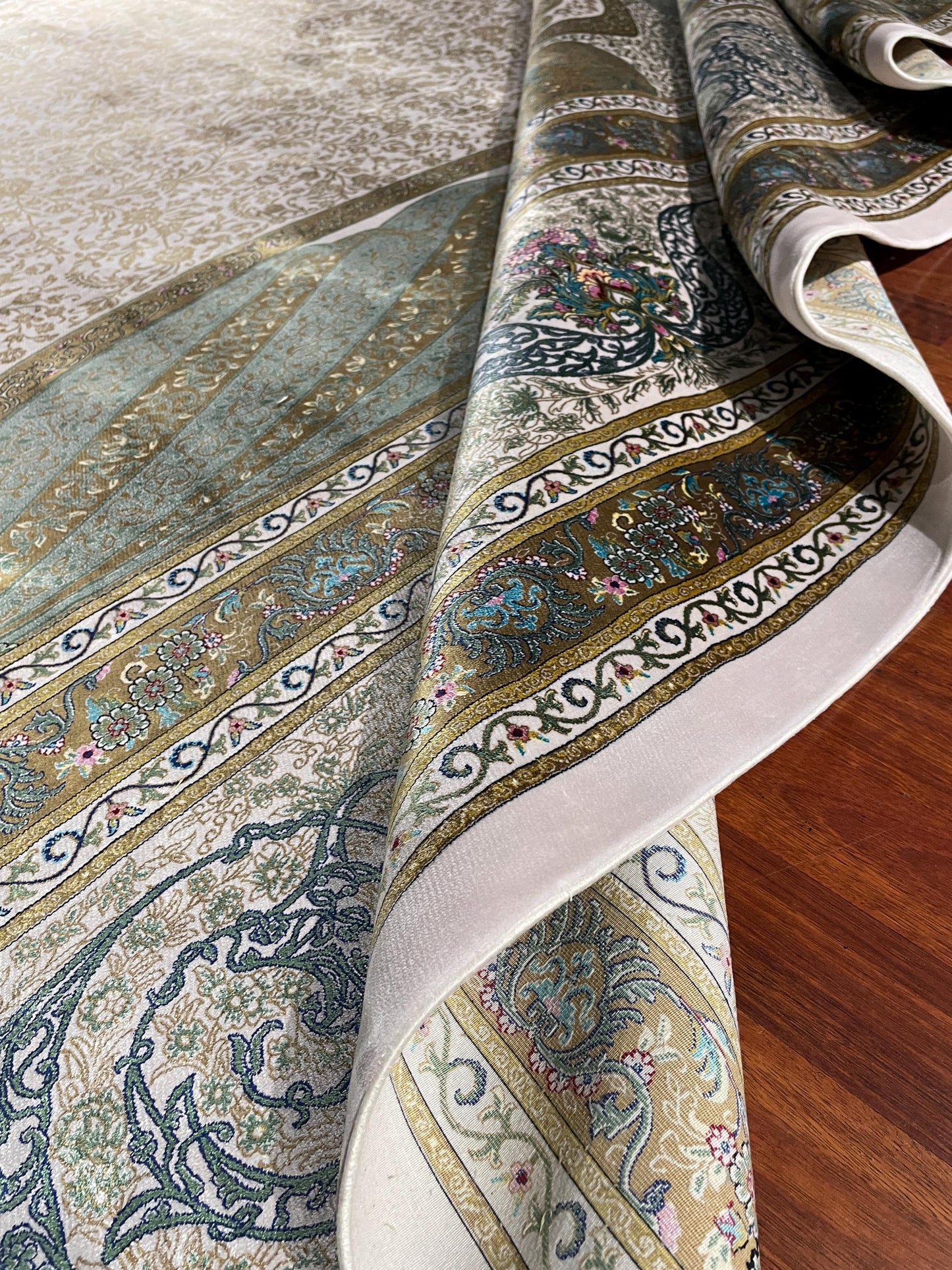 13x16 ft Oversized Green Beige Silk Rug, Palace Style Carpet, Luxury Living Room Rug