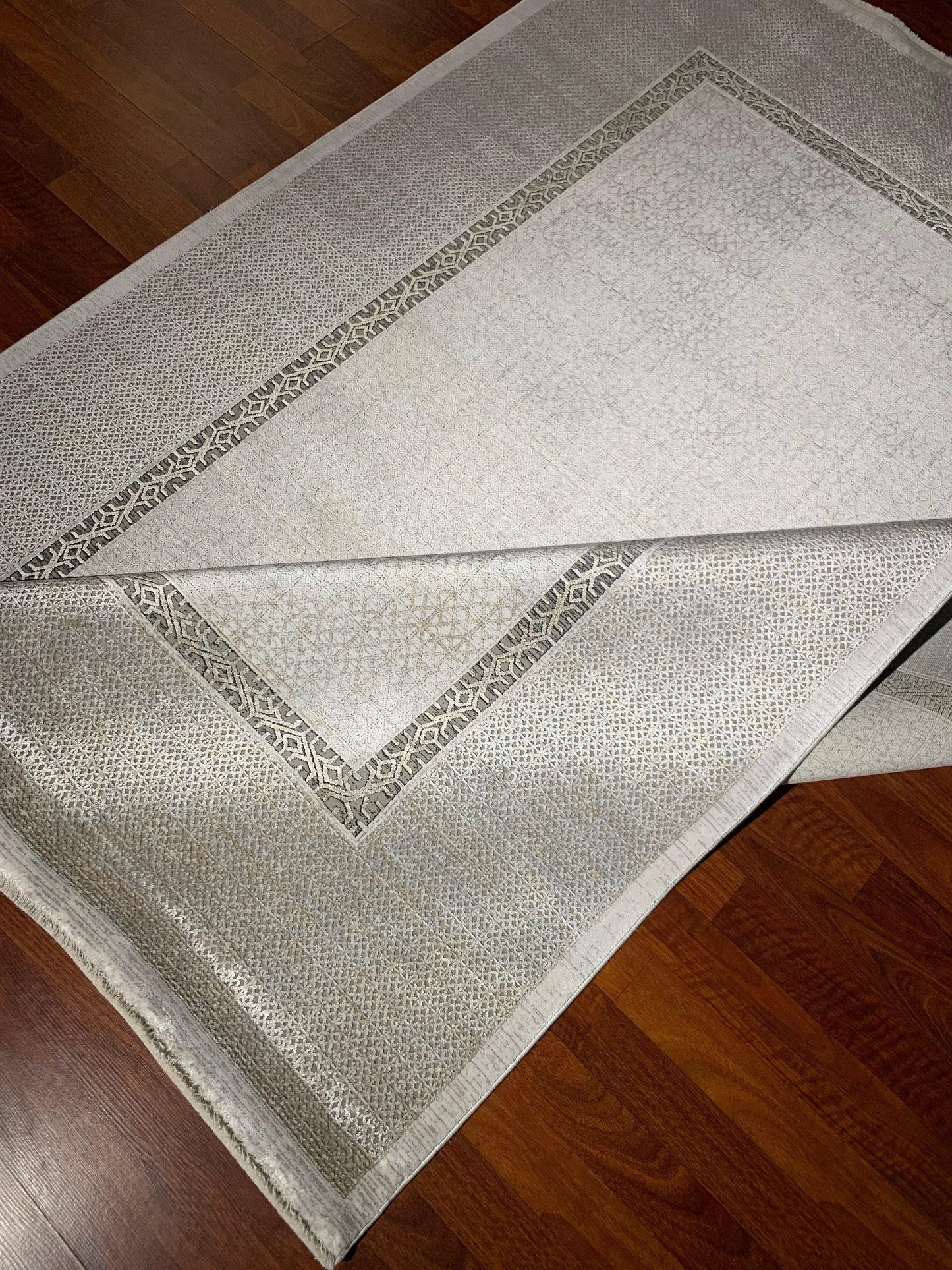 5x8 Area Rug, Beige Bamboo Rug, Minimal Border Design, Turkish Modern Carpet