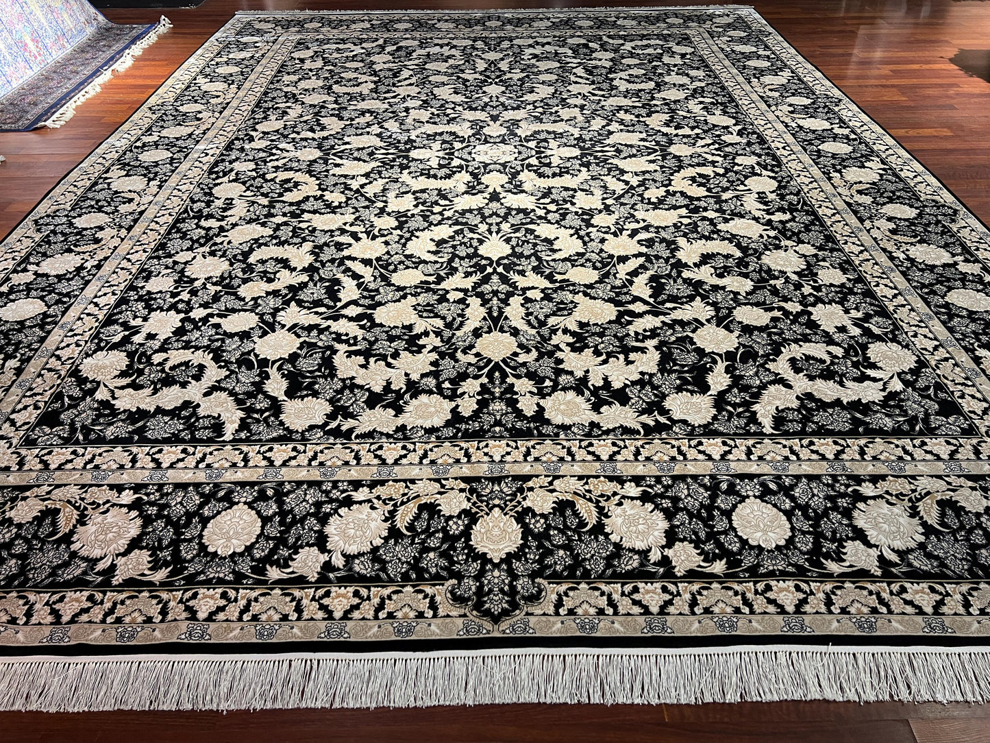 10x13 Black Beige Silk Rug, Luxury Living Room Rug, Oversized Floral Area Rug