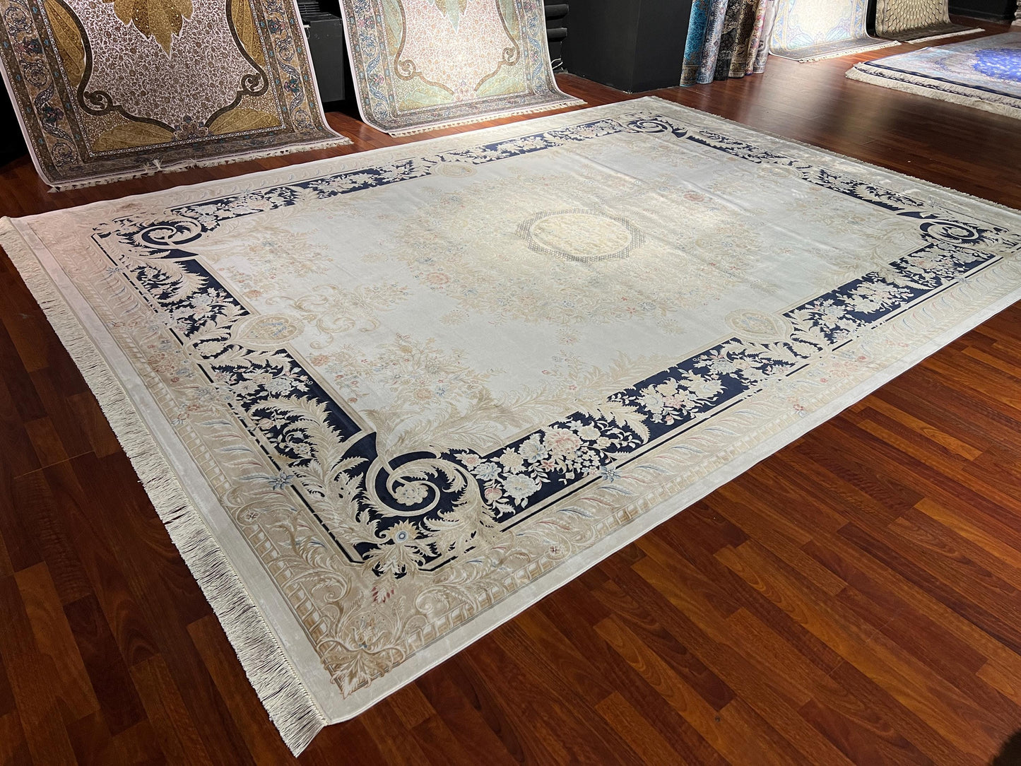10x13 Cream Blue Silk Rug, Luxury Turkish Rug, Classic Living Room Area Rug