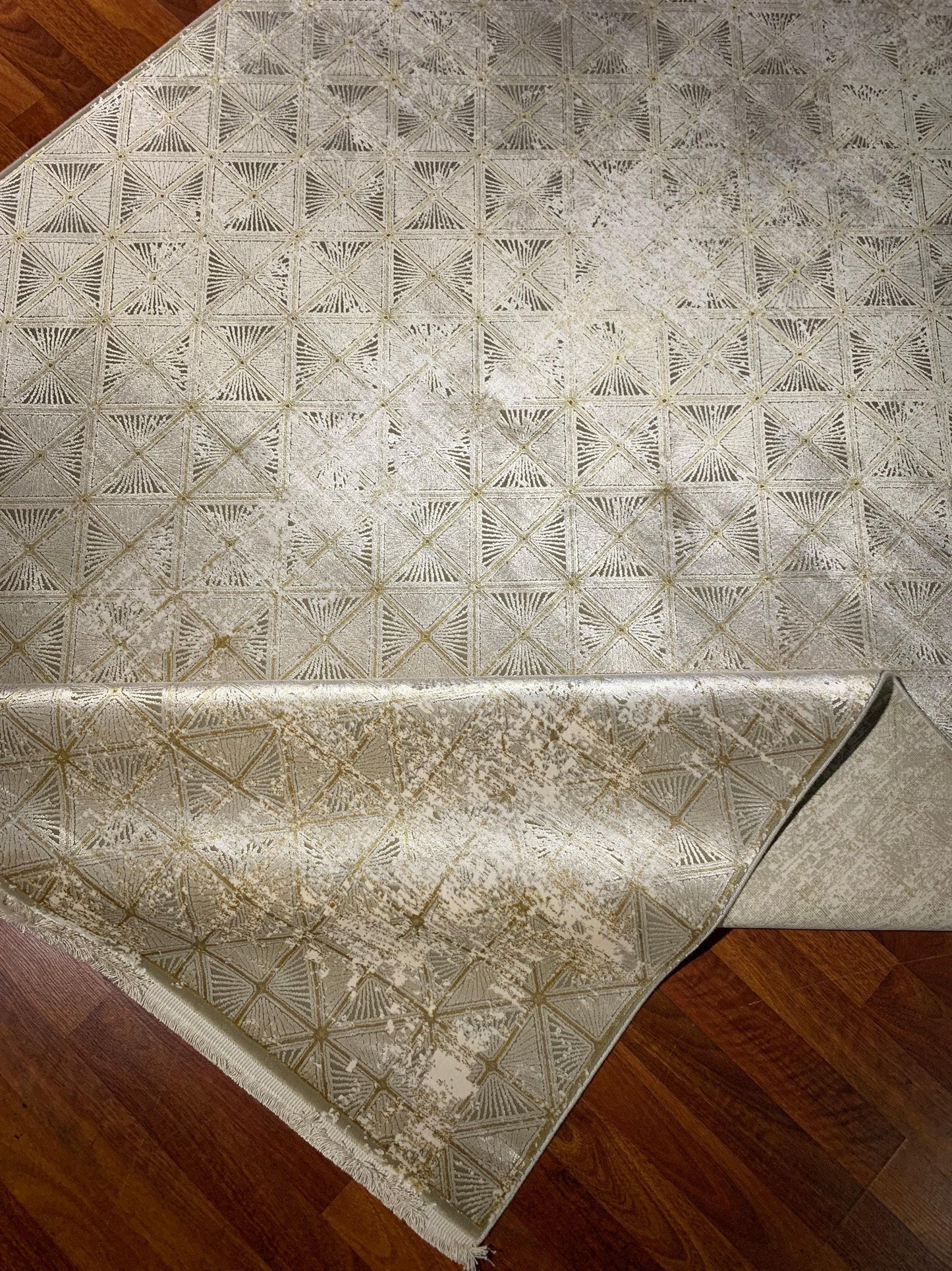 5x8 Modern Rug, Beige Gold Border, Bamboo Acrylic Carpet, Kitchen Dining Room Decor