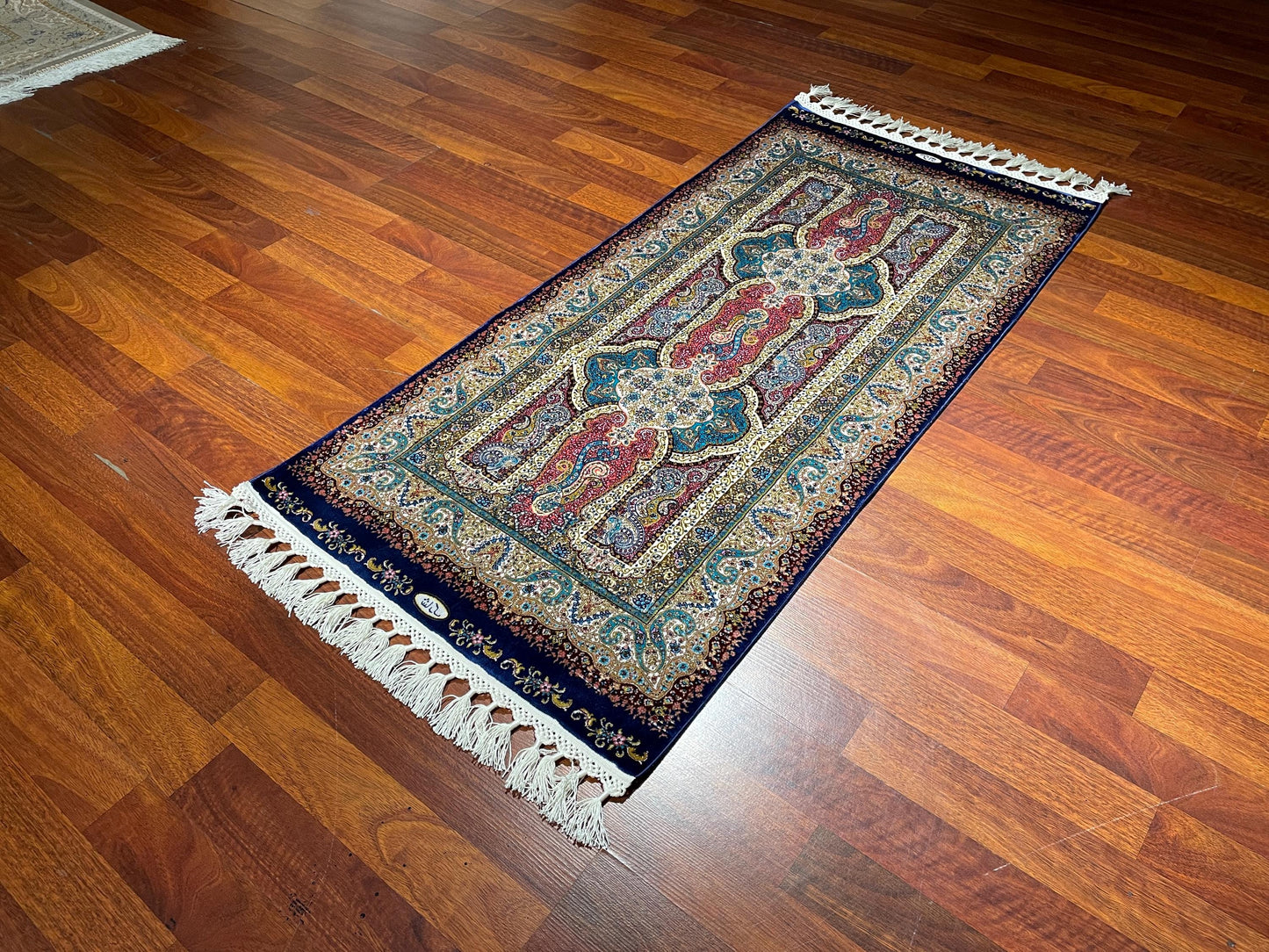 2x6ft Blue Floral Runner Rug, Bamboo Silk Hallway Rug, Turkish Runner Carpet, Luxury Home Decor