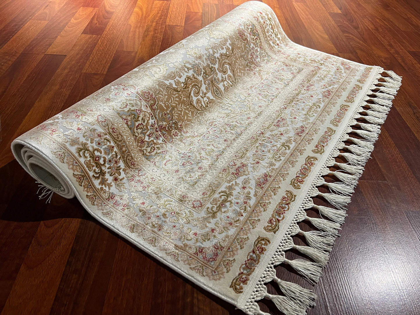 3x5 Beige Floral Silk Rug, Ivory Turkish Area Rug, Luxury Medallion Carpet