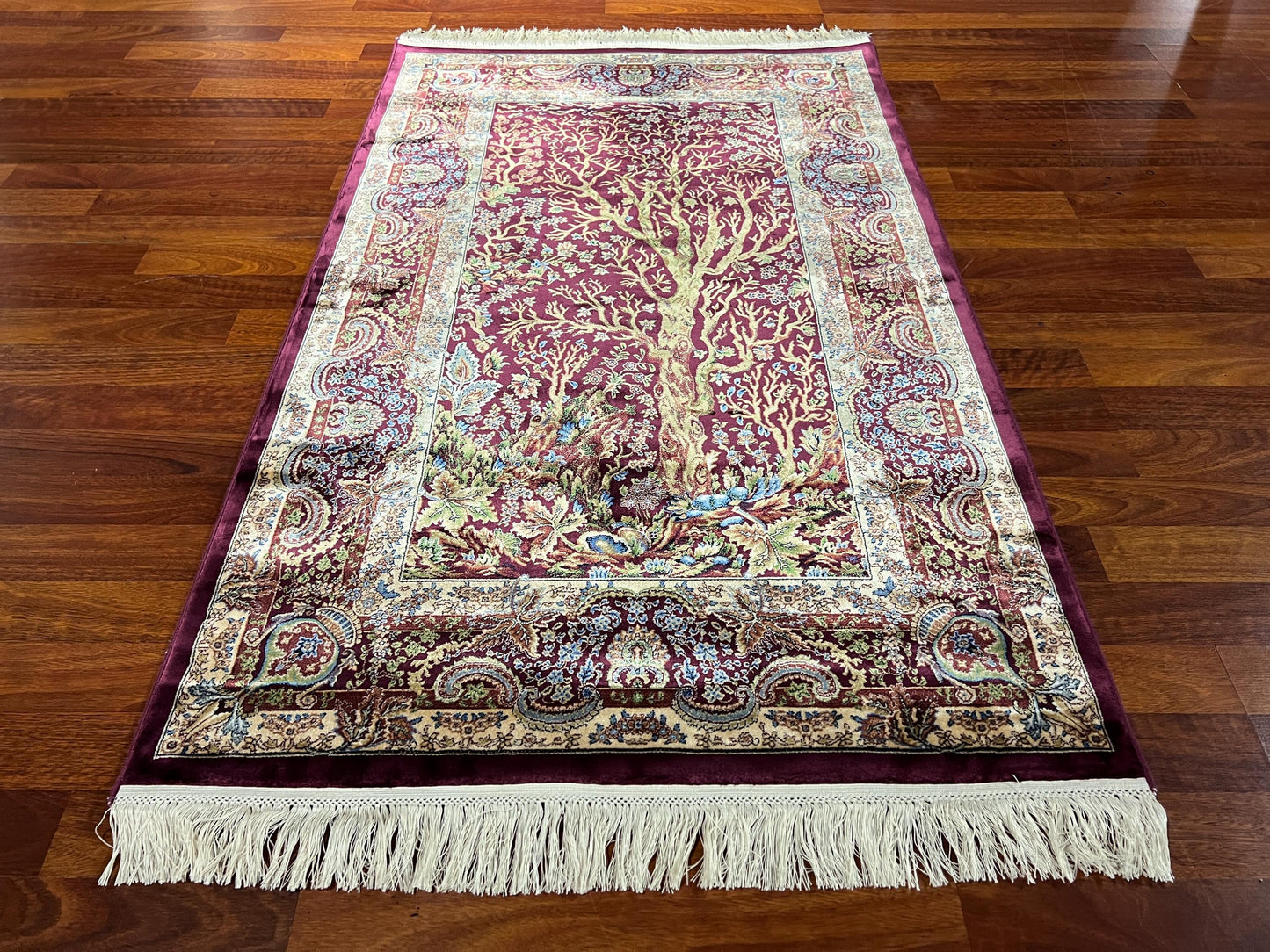 3x5 Burgundy Tree of Life Bamboo Silk Rug, Turkish Botanical Accent Rug