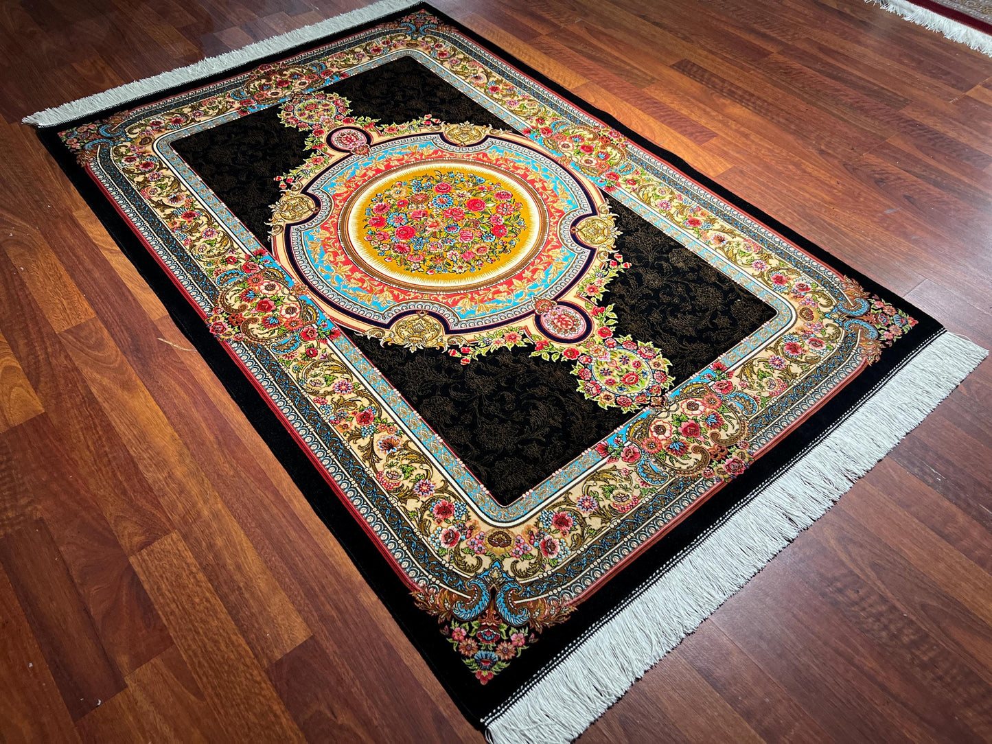 Black Gold Floral Medallion Silk Rug, 3x5 Area Rug, Turkish Modal Silk Rug