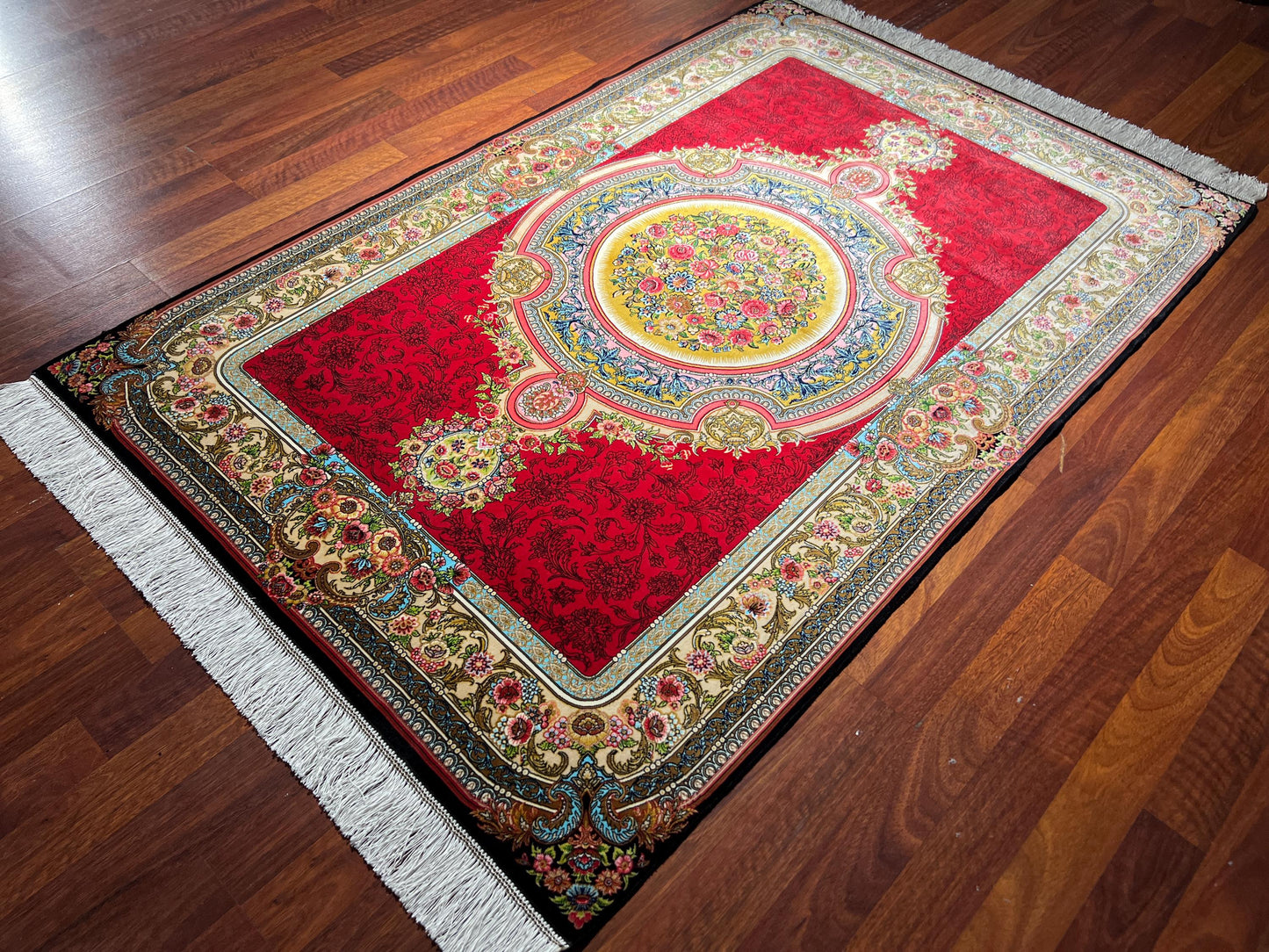 Red Floral Medallion Silk Rug, 3x5 Area Rug, Turkish Modal Silk Rug