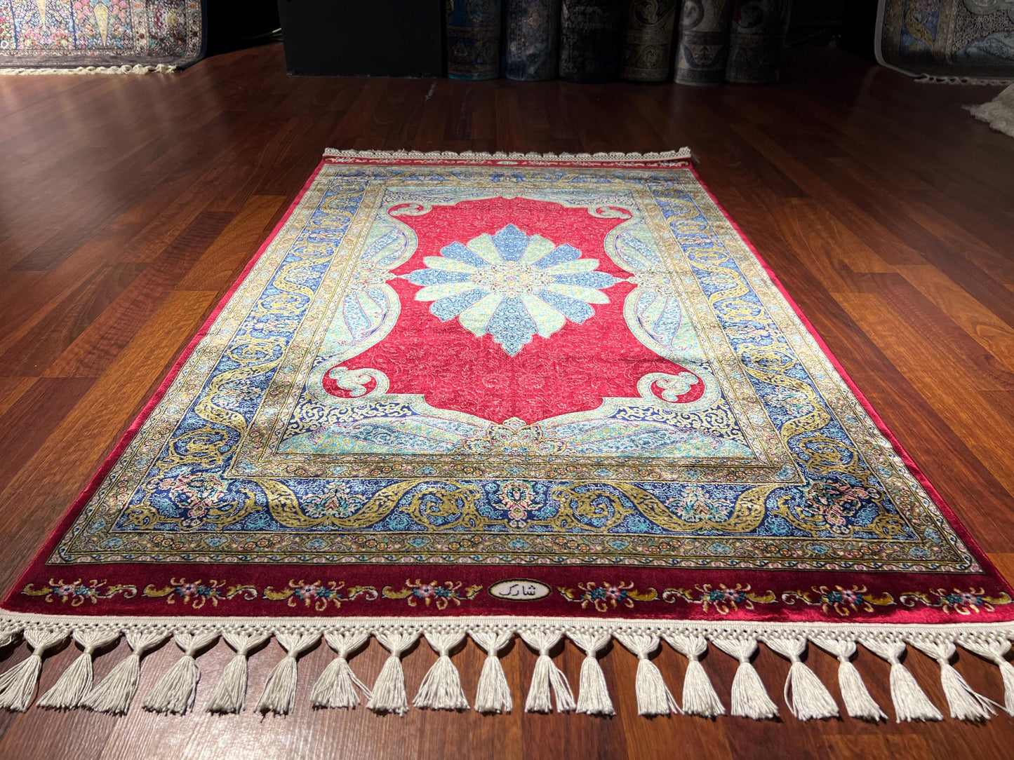 Red Blue Floral Star Medallion Silk Rug, 3x5 Area Rug, Turkish Bamboo Silk Rug