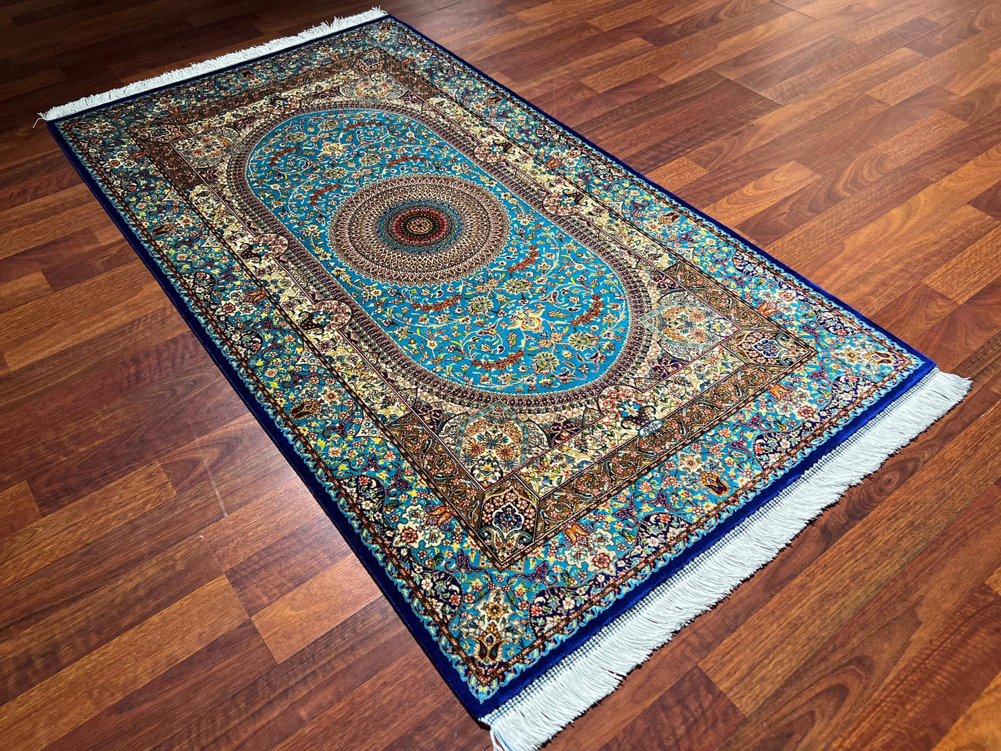 Blue Silk Medallion Hallway Rug, 3x5 RunnerRug, Turquoise Modal Silk Rug, Turkish Rug