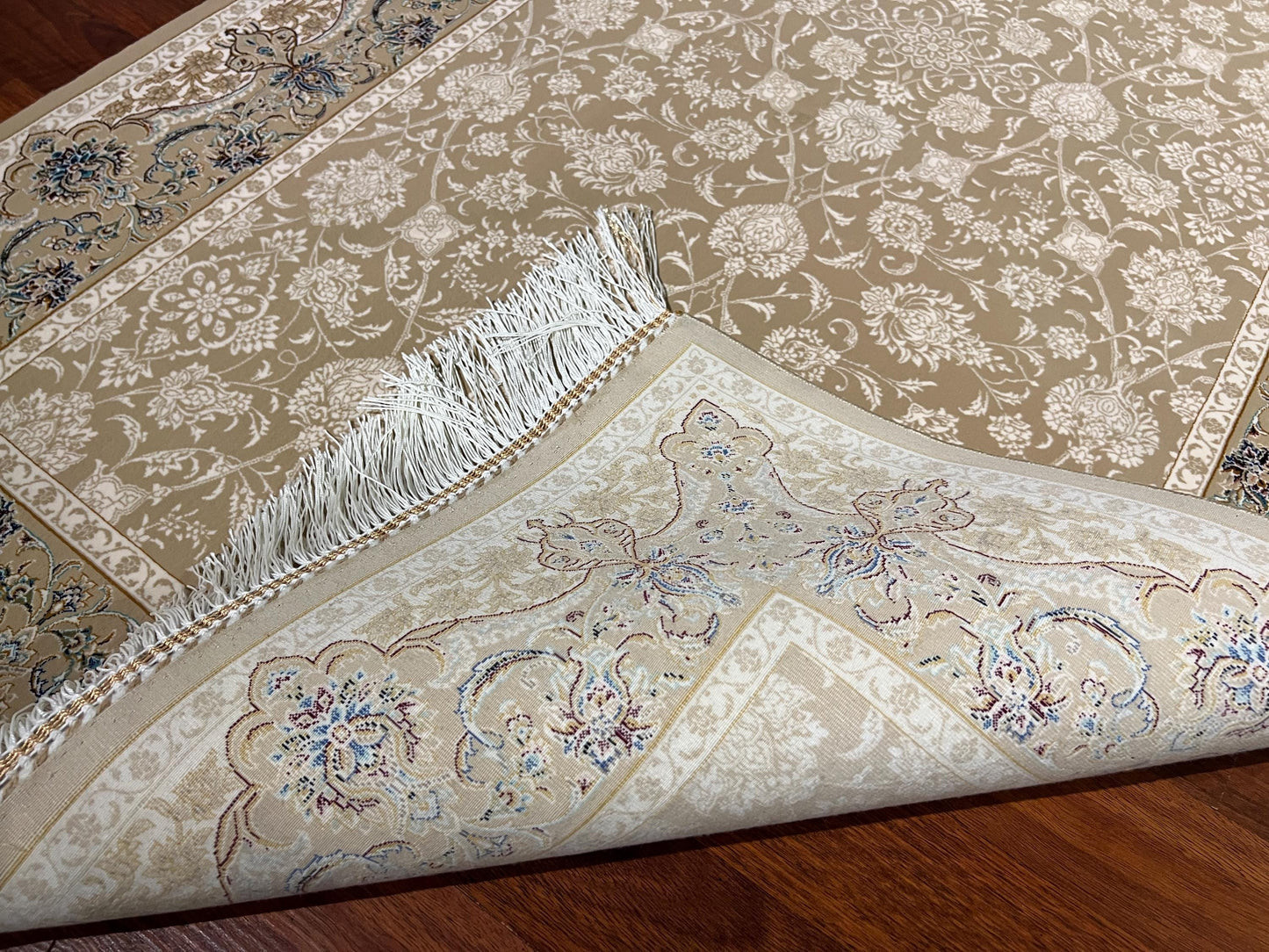 Beige Gold Floral Silk Rug, 3x5 Area Rug, Hallway Runner Rug, Luxury Home Decor