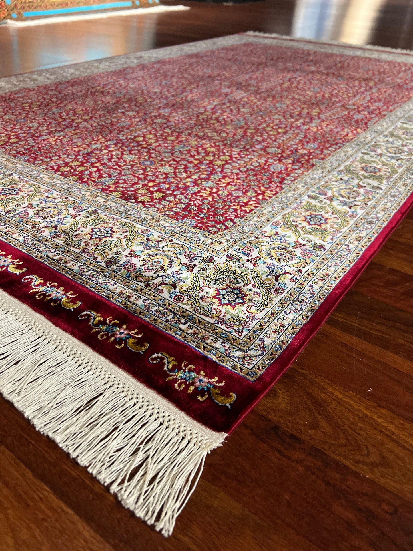 Red Floral Runner Rug, 4x6 Hallway Rug, Bedroom Runner, Turkish Silk Rug
