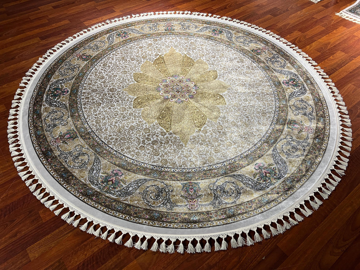 5x5ft Beige Gold Round Silk Rug, Circle Rug 5x5, Floral Medallion Rug, Luxury Silk Rug, Turkish Round Rug, Home Decor Rug