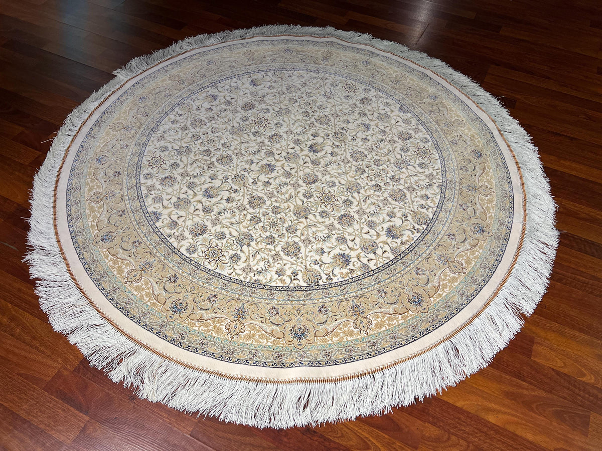 5x5ft Ivory Round Rug, Beige Floral Circle Rug, Modal Silk Rug, Luxury Living Room Rug