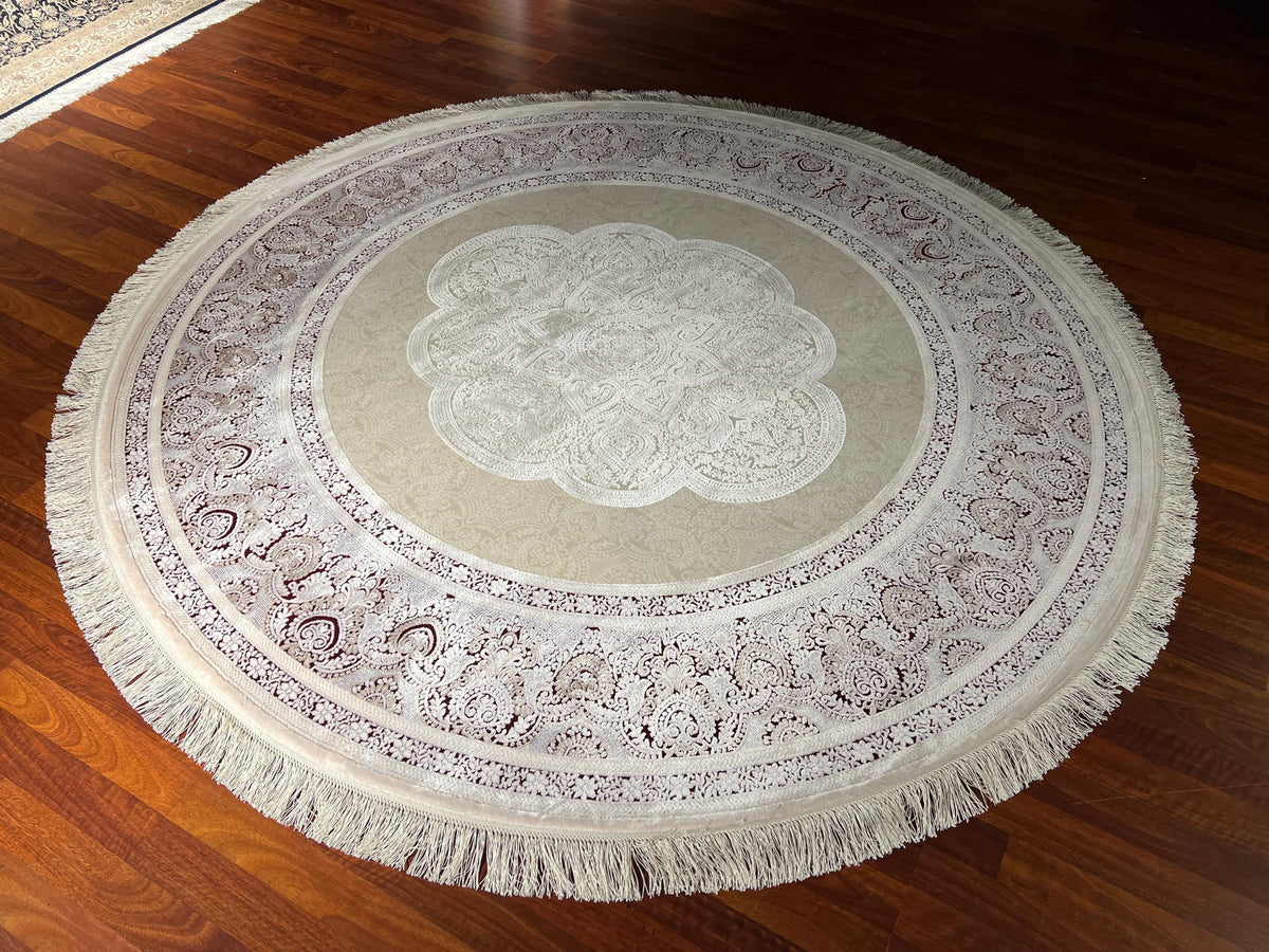 7x7ft Ivory Gray Round Rug, Beige Circle Rug, Vintage Medallion Rug, Silk Area Rug