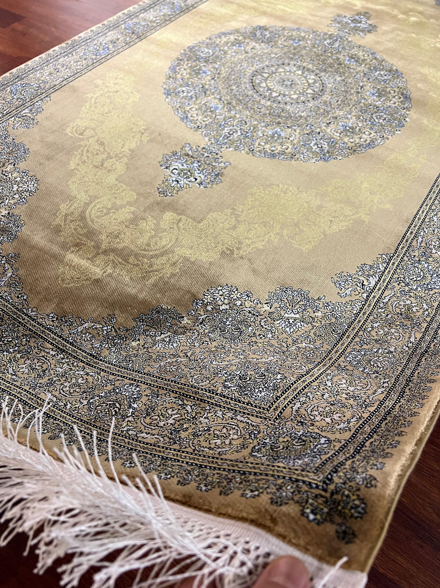 3x5 Gold Medallion Rug, Bamboo Silk Accent Rug, Turkish Luxury Decor Rug