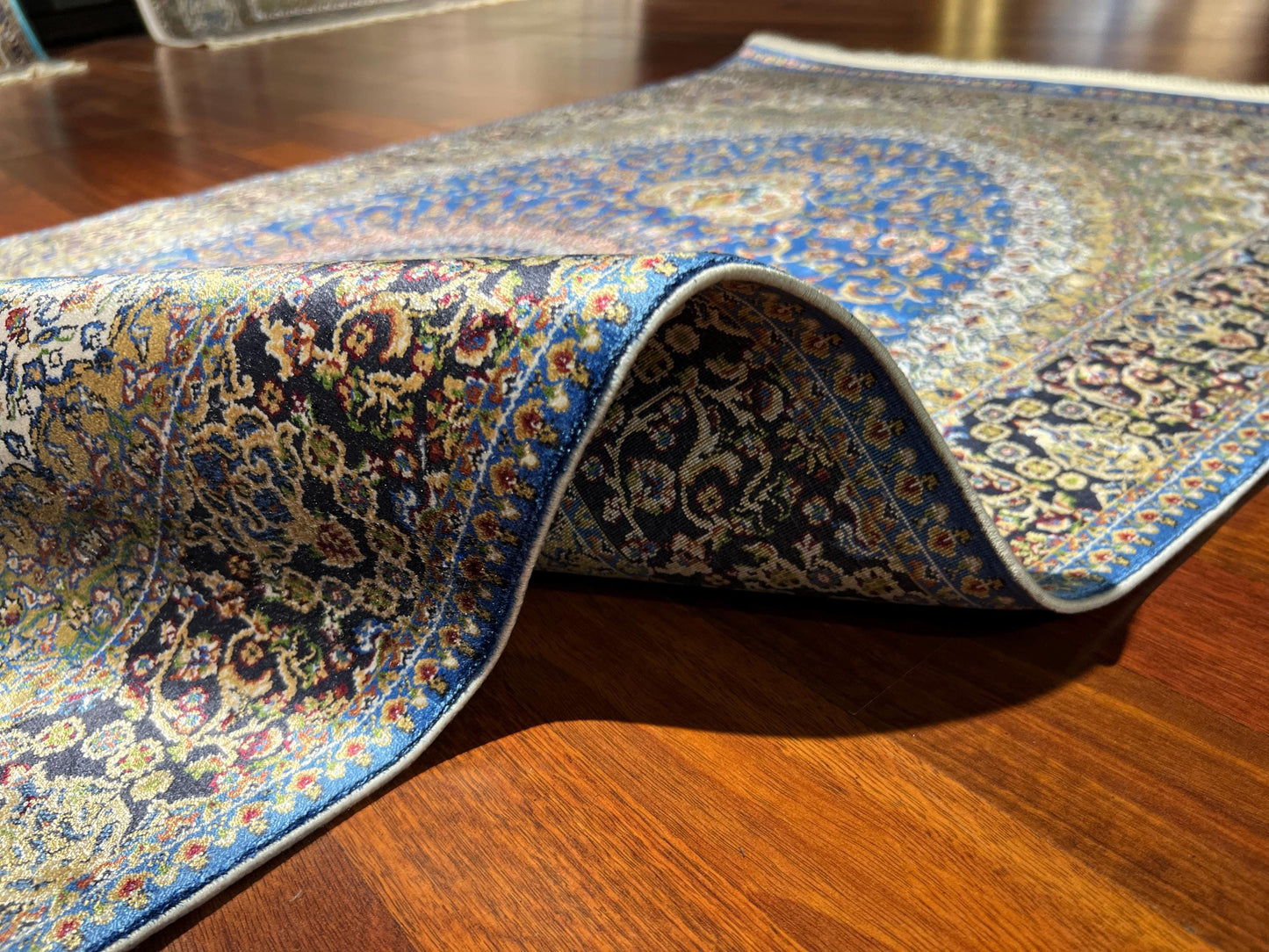 Blue Gold Medallion Silk Rug, 3x5 Area Rug, Turkish Bamboo Silk Runner