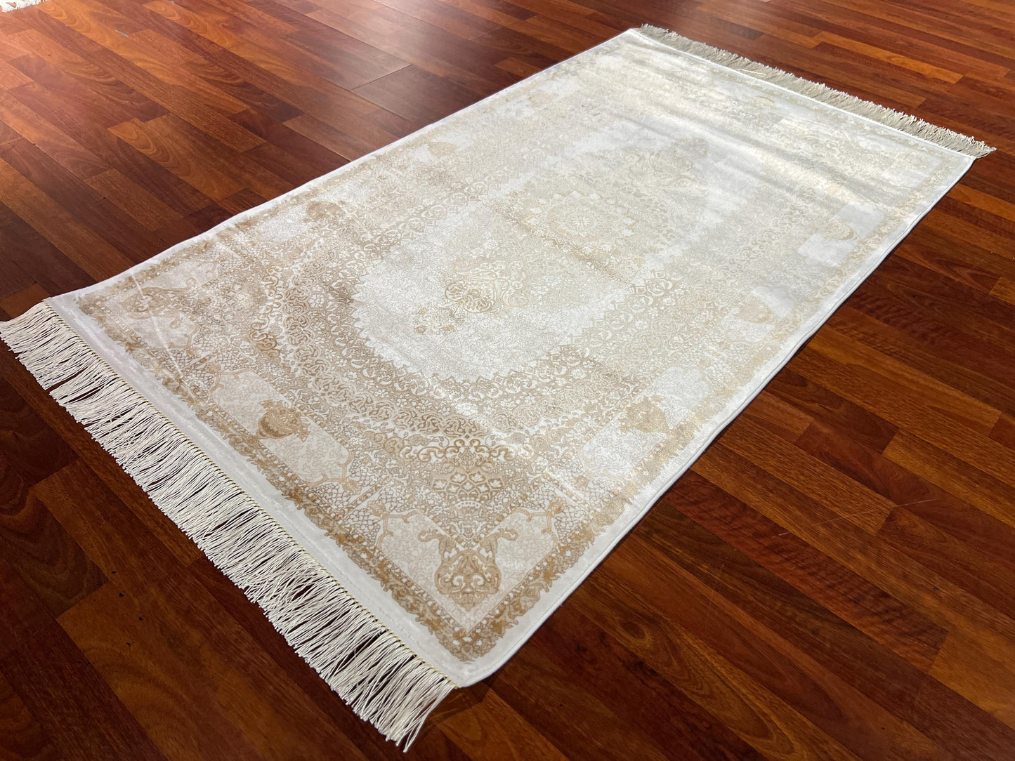 Beige Gold Medallion Silk Rug, 3x5 Area Rug, Turkish Bamboo Silk Rug