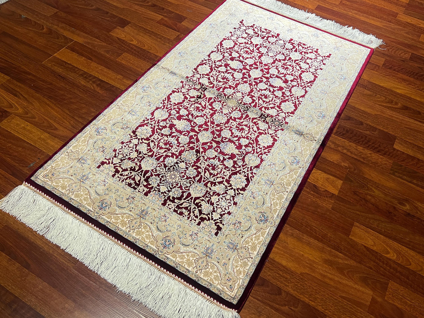 Red Floral Silk Rug, 3x5 Area Rug, Hallway Runner Rug, Turkish Rug