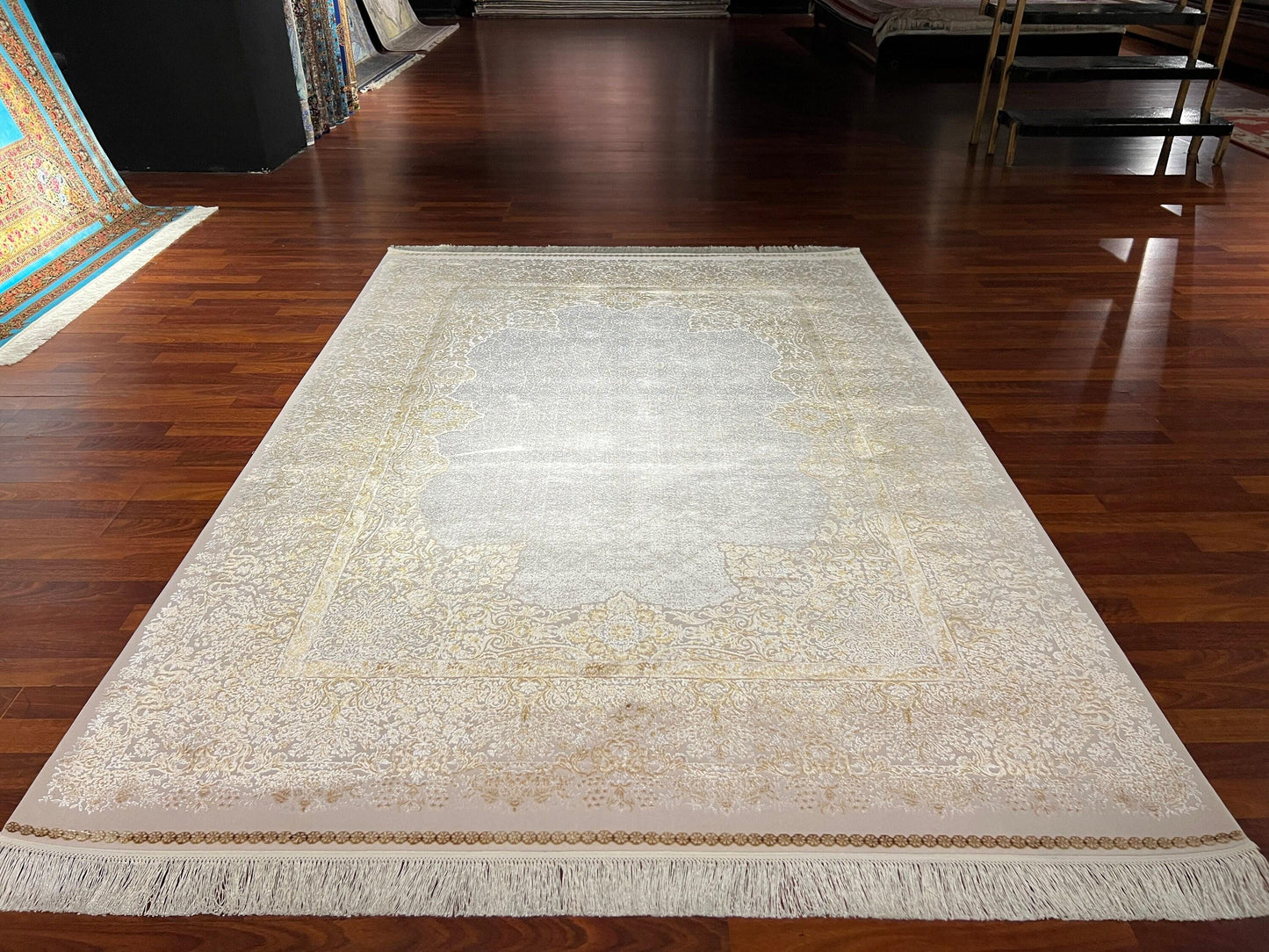 5x8 Gold Beige Silk Rug, Floral Area Rug, Luxury Living Room Carpet, High Quality Home Decor Rug