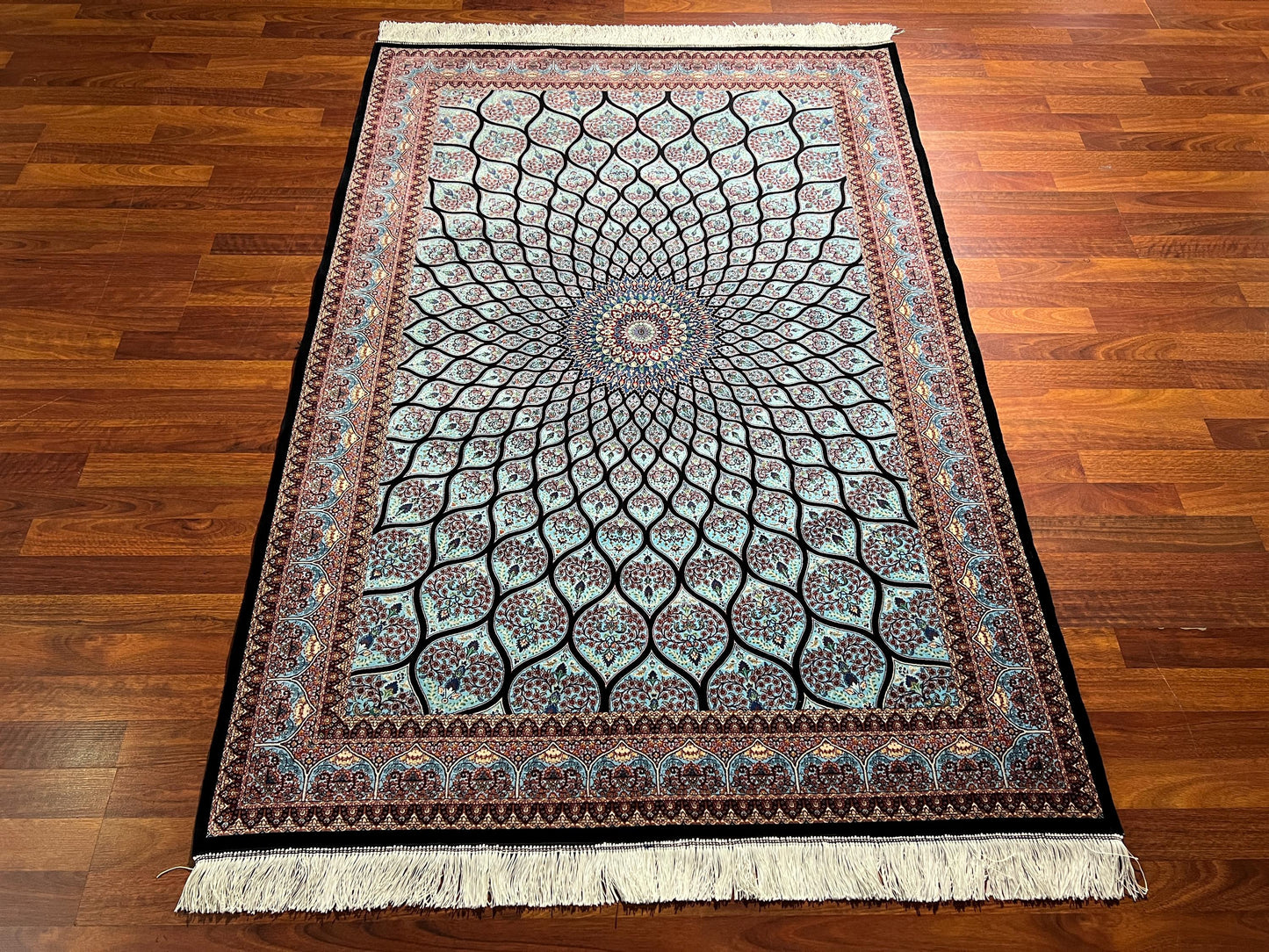 Black Blue Dome Pattern Silk Rug, 4x6 Area Rug, Luxury Living Room Rug, Turkish Silk Rug, Classic Dome Design Rug, Elegant Decor