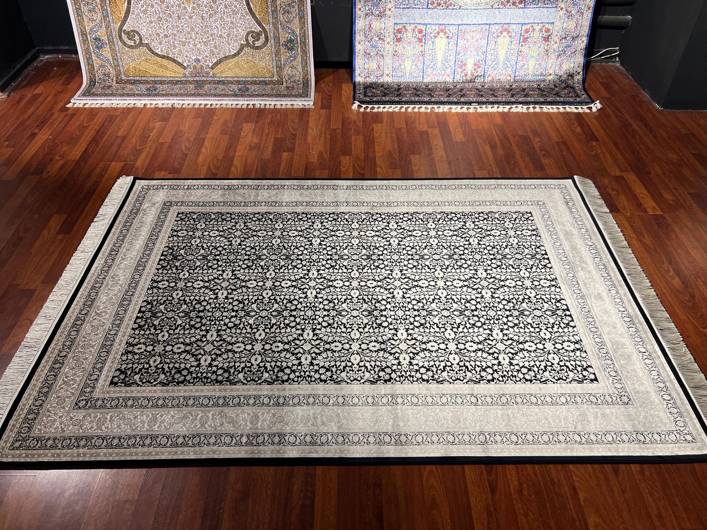 5x8 Black Ivory Bamboo Silk Rug, Floral Area Rug, Luxury Living Room Carpet, Elegant Home Decor Rug