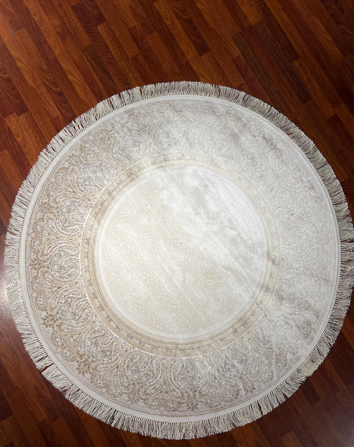 5x5ft Elegant Round Rug, Ivory Beige Circle Rug, Vintage Medallion Rug, Modal Silk Area Rug