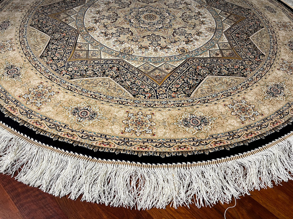5x5ft Gold Round Rug, Beige Black Circle Rug, Classic Medallion Rug, Silk Circle Area Rug