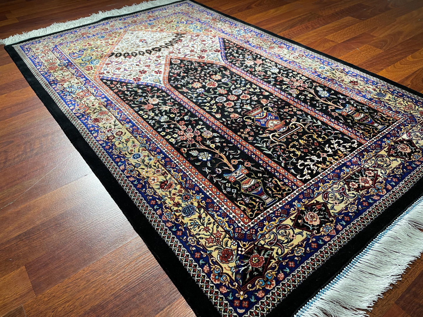 Black Modal Silk Sajjadah Prayer Rug, 120 Combs Floral Mihrab Rug, Luxury Islamic Prayer Mat, Muslim Gift Rug