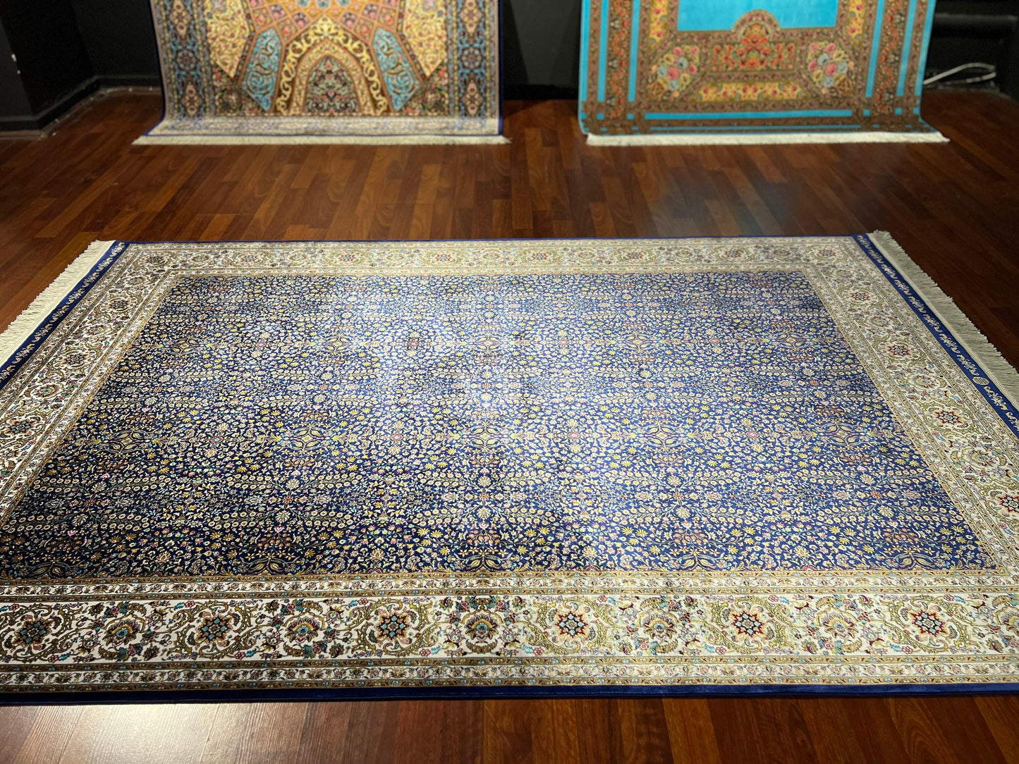 5x8 Blue Gold Bamboo Silk Rug, Authentic Pattern Area Rug, Luxury Living Room Carpet, Turkish Style Home Decor Rug
